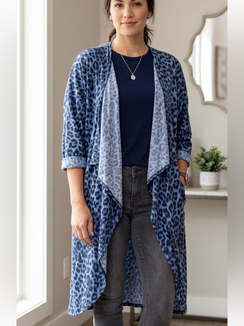 Shirley Blue Leopard Print Cardigan Kimono Duster Large NWT fits size 18-22